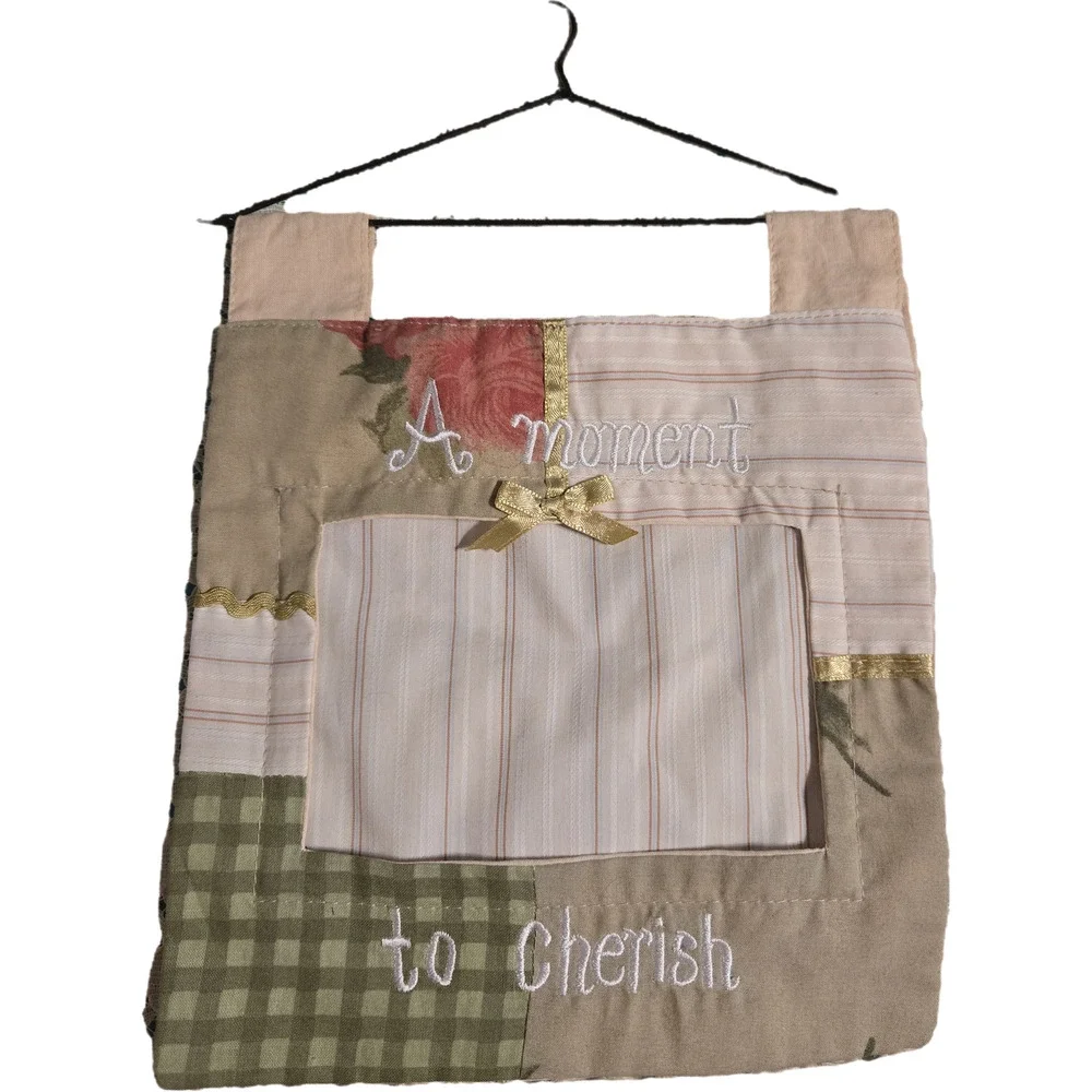Shabby Chic Fabric Patchwork Photo Holder Wall Hanging Wire Scroll Hanger